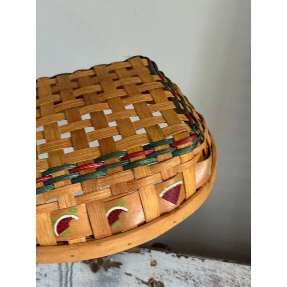 Hand Painted Watermelon Woven Wood Basket Square Farmhouse Decor 11x11